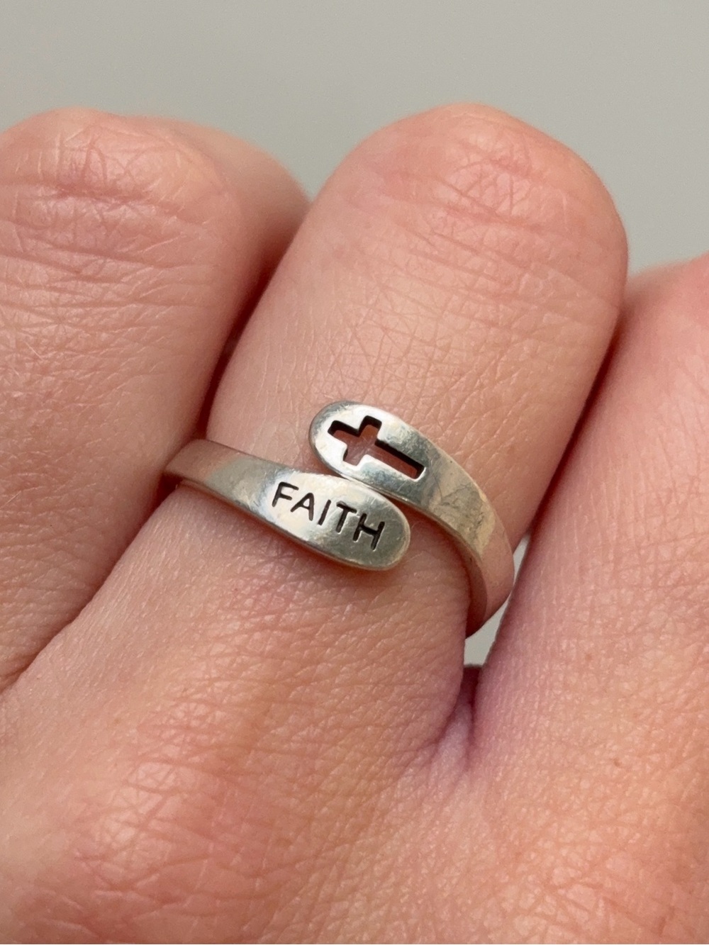 Sterling Silver Faith Cross Adjustable Bypass Ring